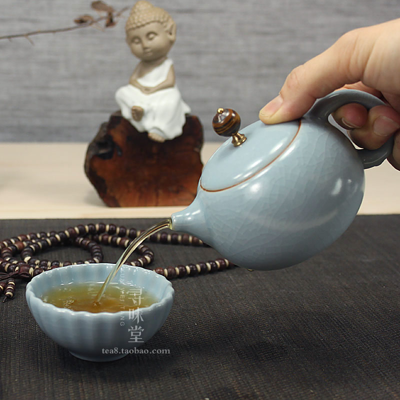 天蓝汝窑茶壶高档正品开片复原汝瓷侧柄壶木把壶复古提梁壶茶具