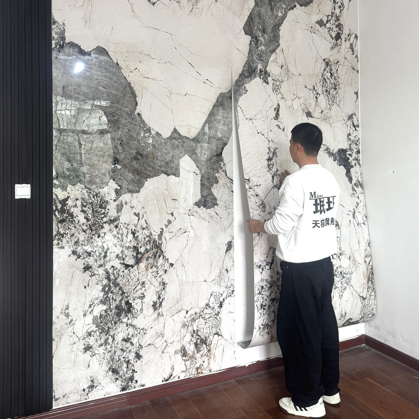 奢石办公室自粘大板墙贴电视背景墙仿碳晶板大理石纹无缝面板墙板