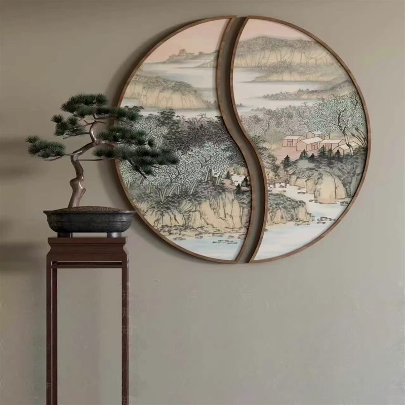 新中式金属装饰画圆形挂画客厅墙面挂件玄关壁饰卧室餐厅山水墙饰