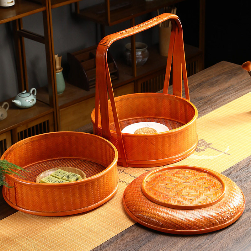 竹编提篮手工复古食盒多层送餐篮果篮收纳筐野餐篮红色婚庆篮道具
