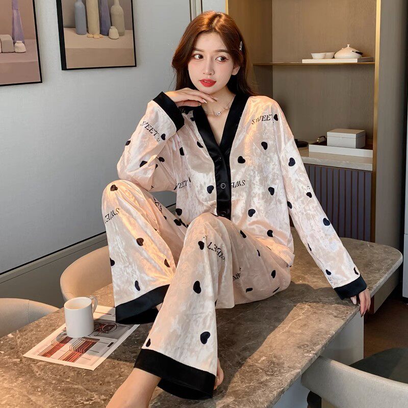 金丝绒睡衣女春秋季2024新款长袖大码夏天可外穿V领家居服冬套装图片