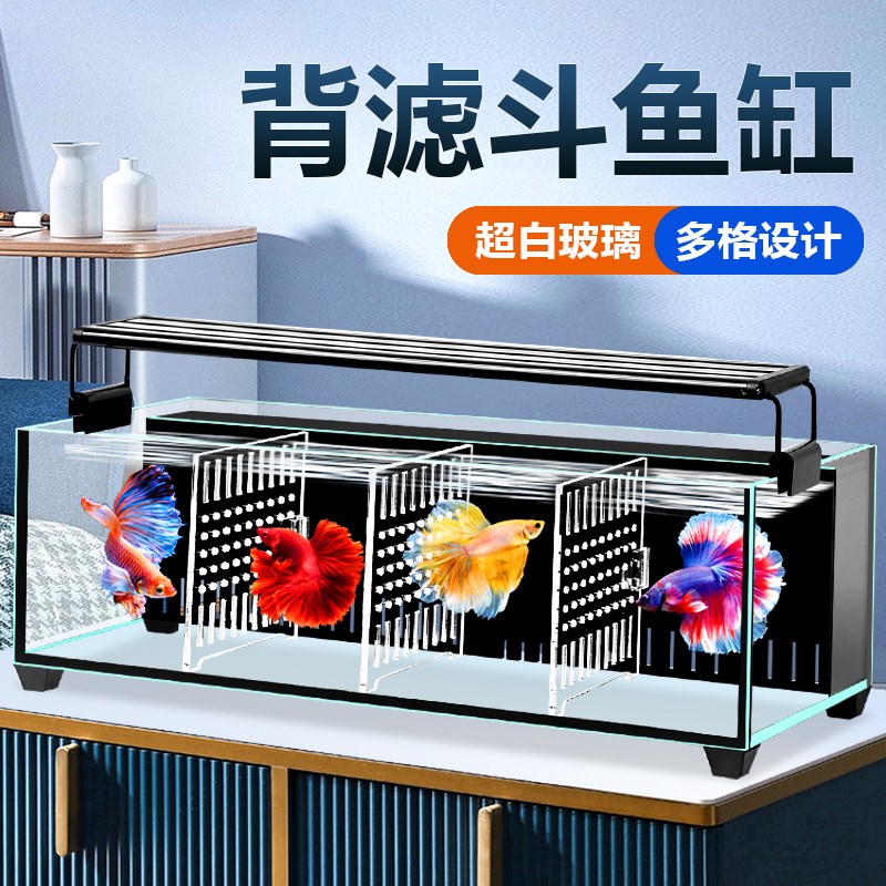 客厅小型鱼缸超白斗鱼缸玻璃多格隔离背滤免换水生态金鱼缸水族箱