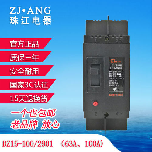 广东珠江DZ15-100/2901塑壳断路器2P空气开关63A100A220V两相