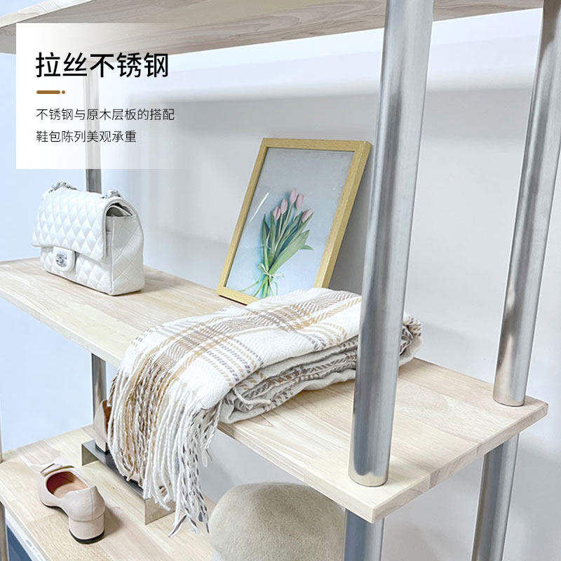 服装店鞋包展示架落地女装店不锈钢帽子展示柜实木层板多层置物架