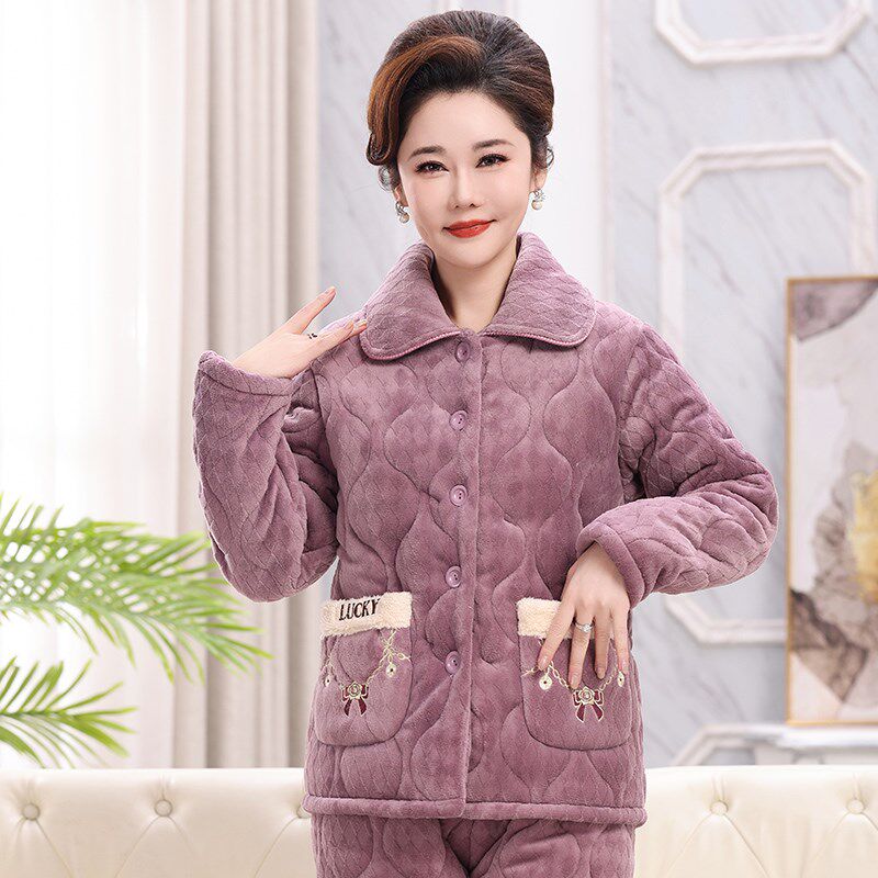 冬季夹棉睡衣女加厚加绒保暖三层棉袄中老年妈妈珊瑚绒家居服套装
