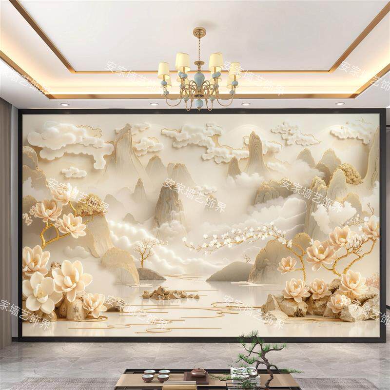 浮雕超立体墙板定制新中式山水风景风水墙纸壁画客厅电视背景壁纸