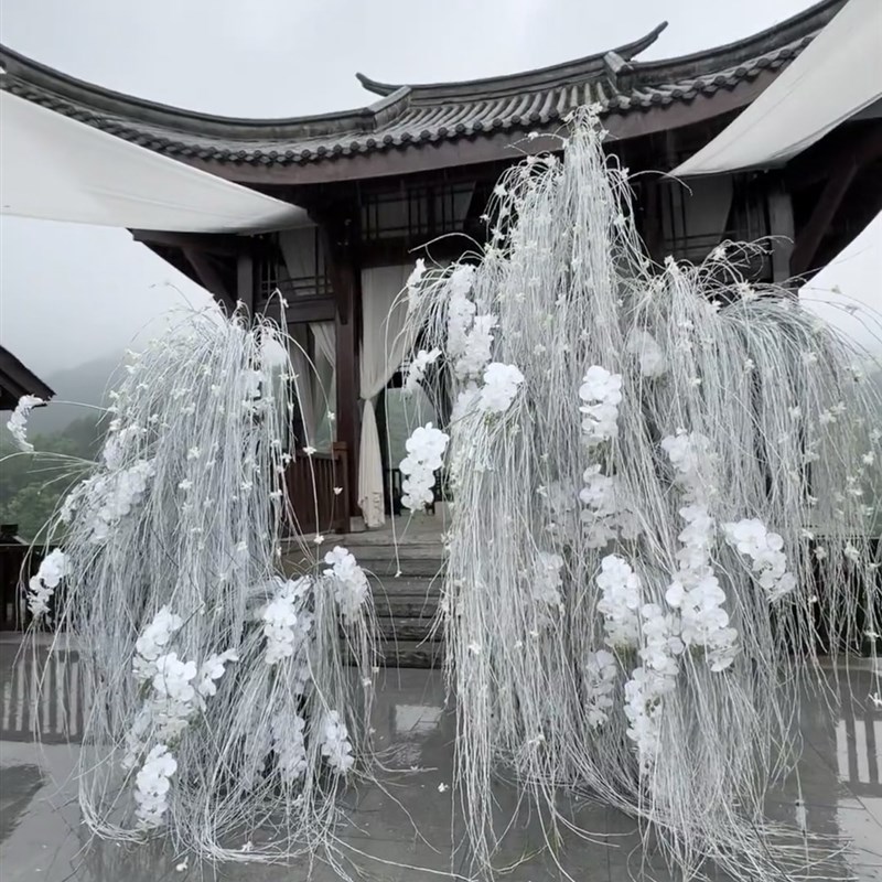 塑料柳条仿真花垂钓一体柳芽假花韩版白绿婚礼插花装饰婚庆花艺