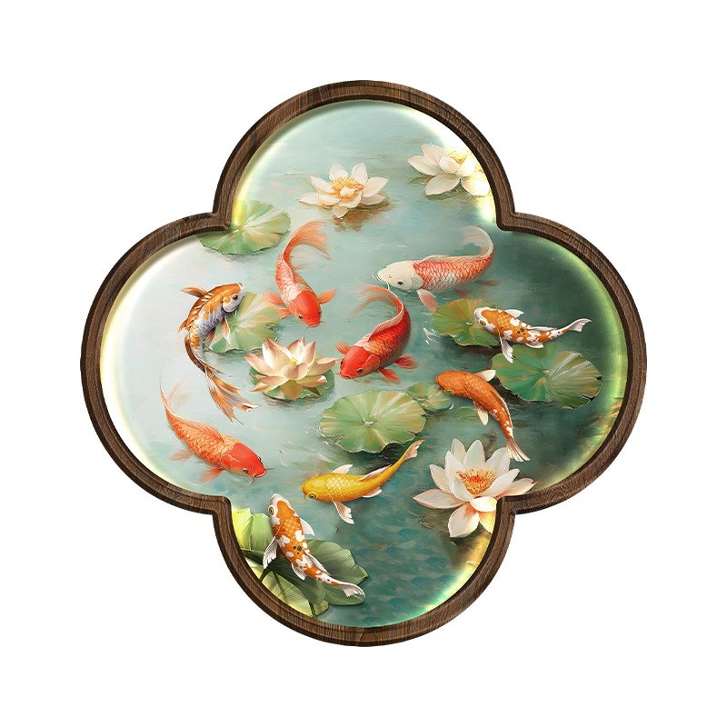 新中式九鱼图玄关装饰画荷花梅花形走廊挂画假窗户茶室背景壁画灯