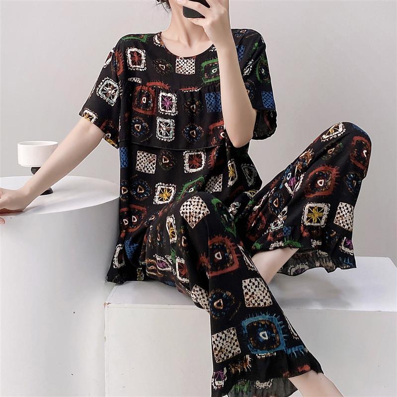 女士防突点绵绸睡衣棉球短袖长裤绸棉套装东风尼粘稠东方绸家居服