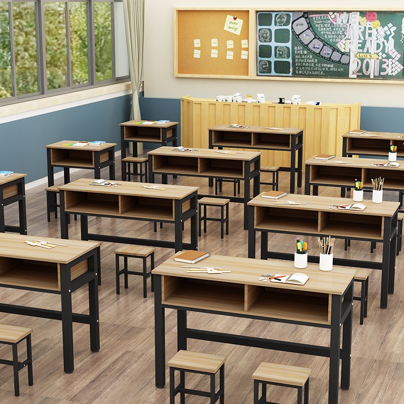 学校课桌椅双层带抽屉课桌补习辅导班单人双人三人位学生培训课桌