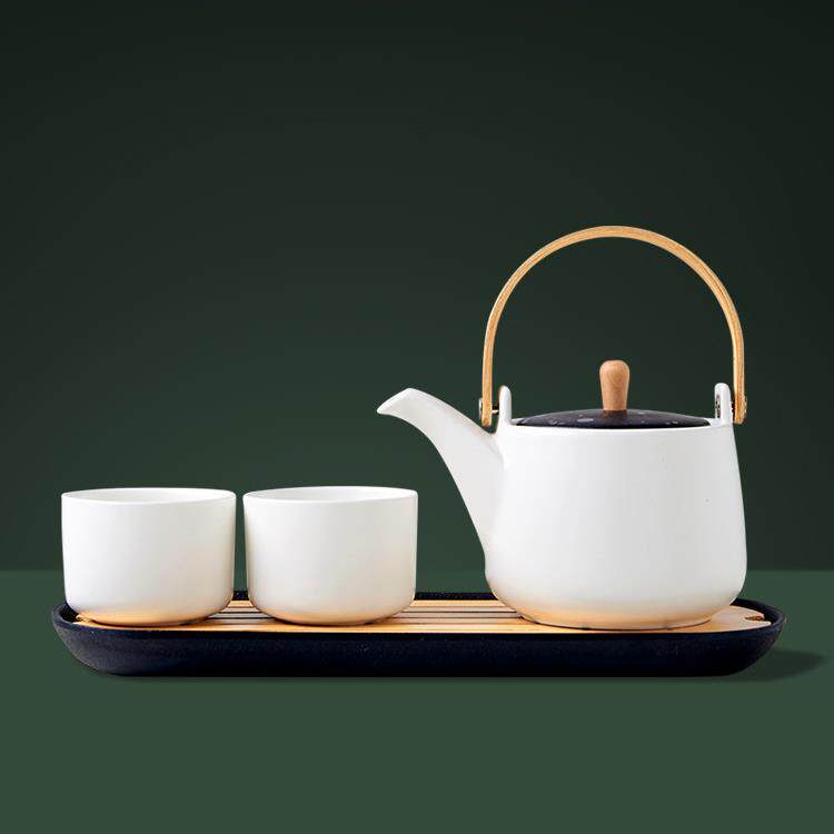 一壶两杯陶瓷茶壶,家用简单办公茶壶,茶杯托盘,风举梁水壶旅行