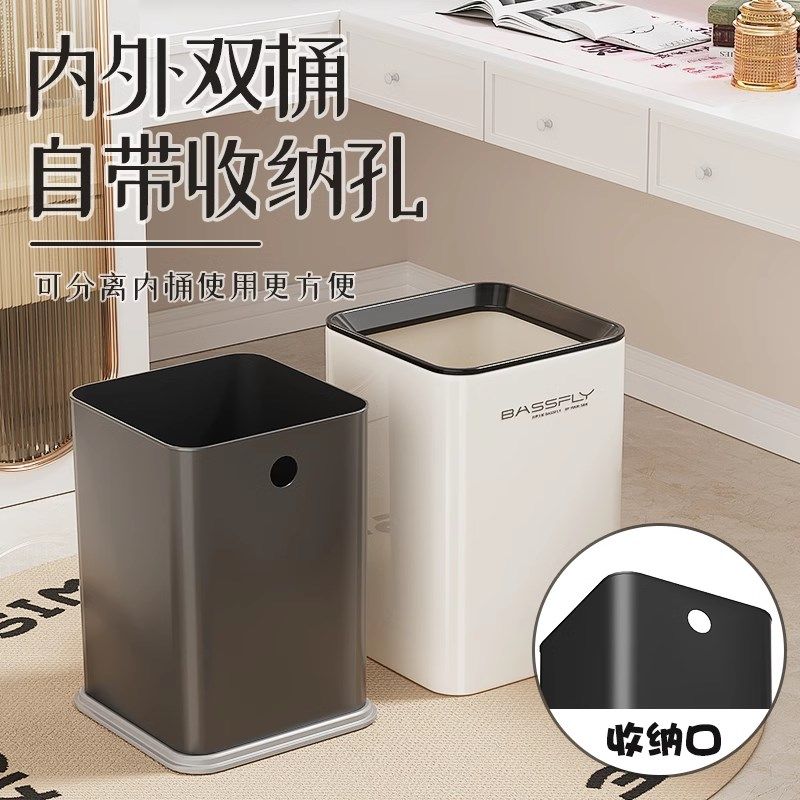 双层不锈钢无盖垃圾桶 隐藏垃圾袋滚轮直投大容量厨房办公纸篓