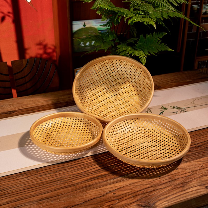 高山楠竹制沥水篮家用手工编竹筛圆簸箕厨房家用水果洗菜篮馒头框