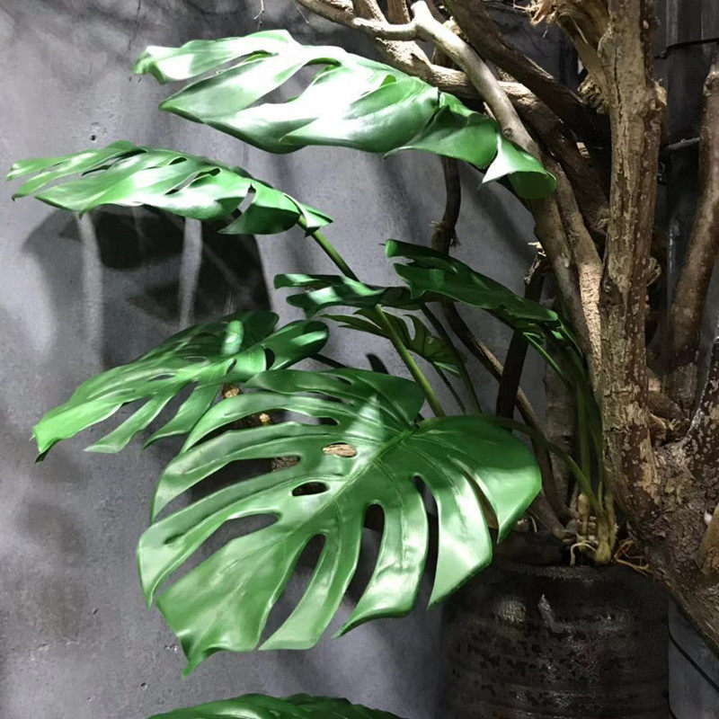高仿真龟背叶大把束手感过胶大叶片带根须长杆绿植背景墙花瓶插花