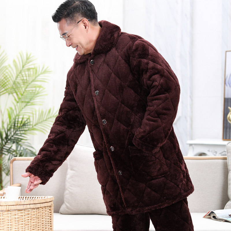 长毛绒睡衣冬男生爸爸加厚加绒中长款老年人棉袄珊瑚绒家居服套装