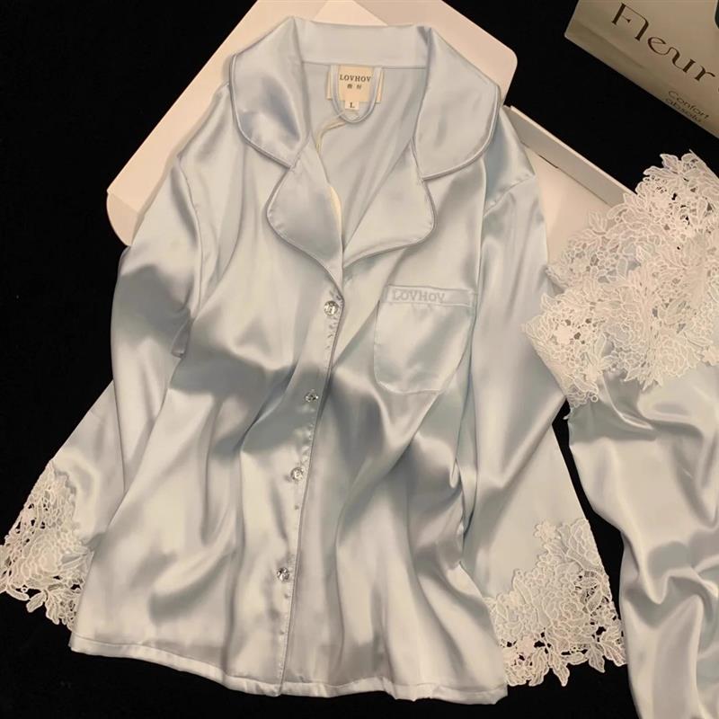 春秋水溶花蕾丝边真丝睡衣女长袖高级感送闺蜜礼盒冰丝家居服套装