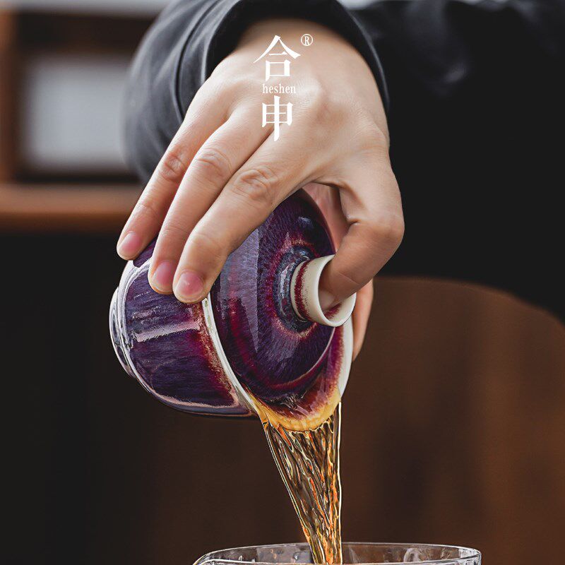 钧窑郎红釉盖碗茶杯陶瓷家用功夫茶盖碗防烫手工三才碗单个泡茶碗