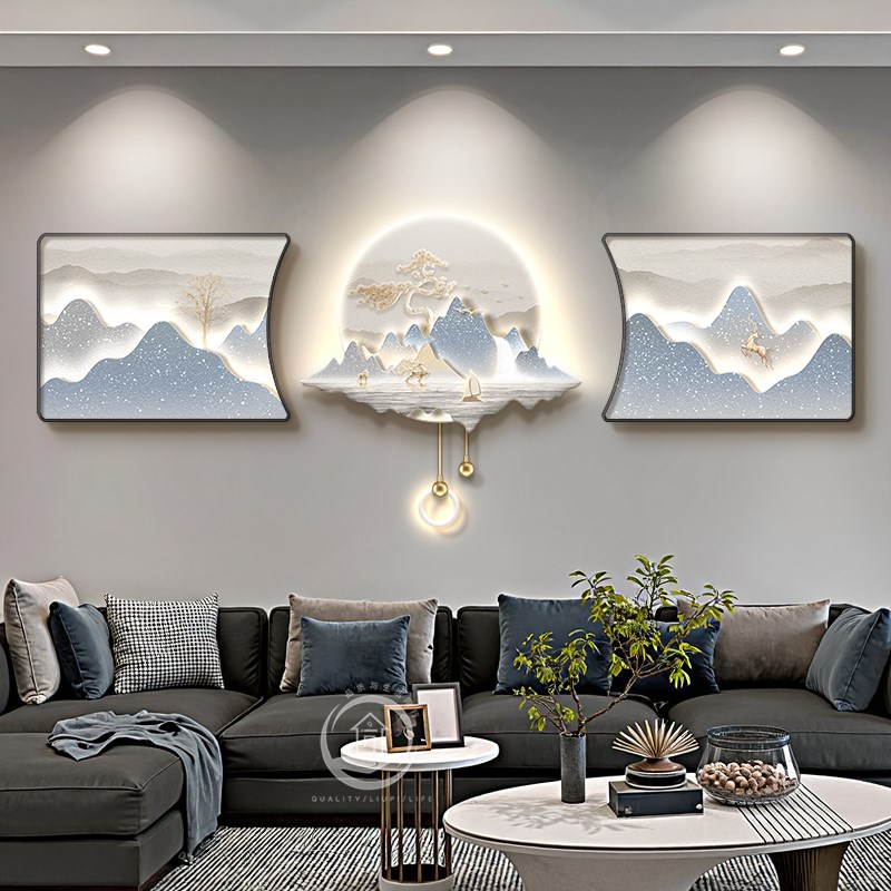现代轻奢客厅装饰画 划流水生财壁画 划大气沙发背景墙三联挂画