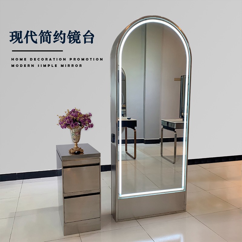 发廊专用不锈钢镜台 现代简约理发镜台 带灯美发镜台