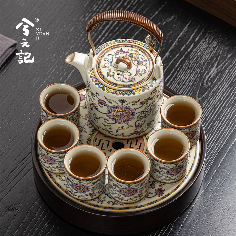 缠枝莲汝窑功夫茶具套装家用大容量陶瓷提梁冷水茶壶茶杯2025新款