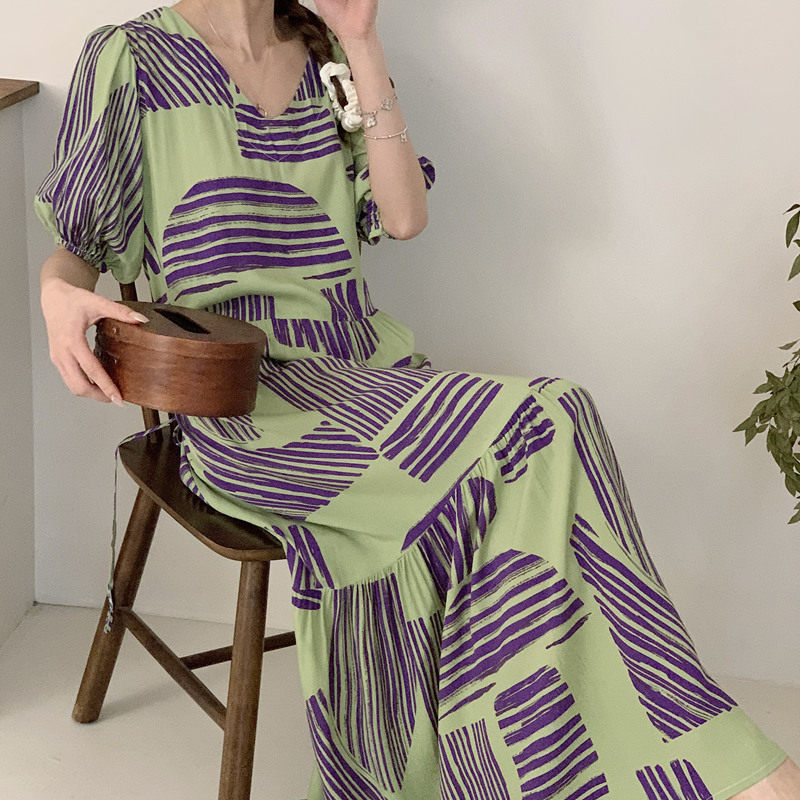 外穿棉绸睡裙女夏短袖绵绸睡衣人造棉孕妇连衣裙大码睡衣裙薄长裙