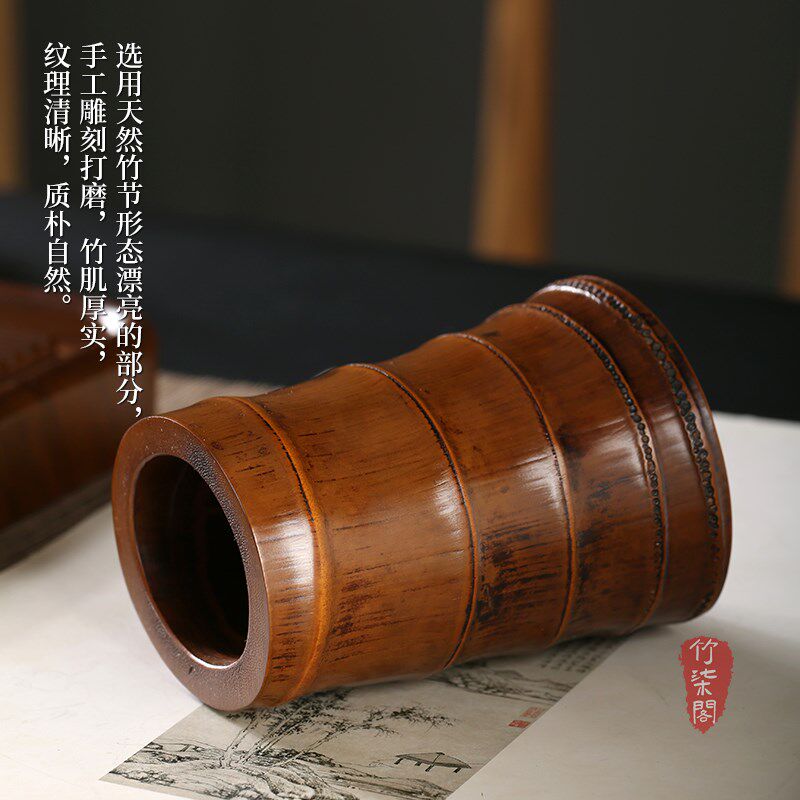大漆金竹根花器插花器皿中式花盆花瓶小花架竹筒水培桌面装饰摆件