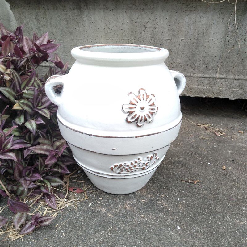 白色双耳庭院大号陶罐景观土陶粗陶红陶花盆花瓶摆件陶瓷大码陶盆