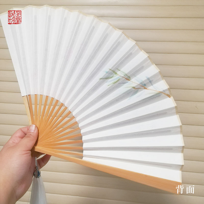 中国古风桃花手绘宣纸汉服折扇送女友教师节礼品定制免费刻字贺卡