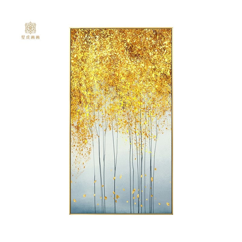 招财风水客厅玄关装饰画轻奢壁画入户走廊竖版挂画大气金色发财树