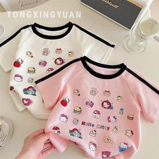 上衣夏潮流短袖 童星圆新款 T恤女童卡通圆领短袖 儿童装 甜美插肩袖