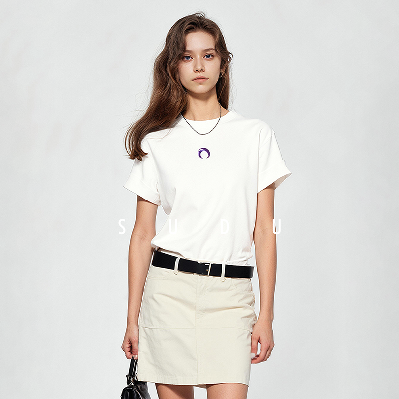 SUDU素都白色圆领t恤简约上衣女