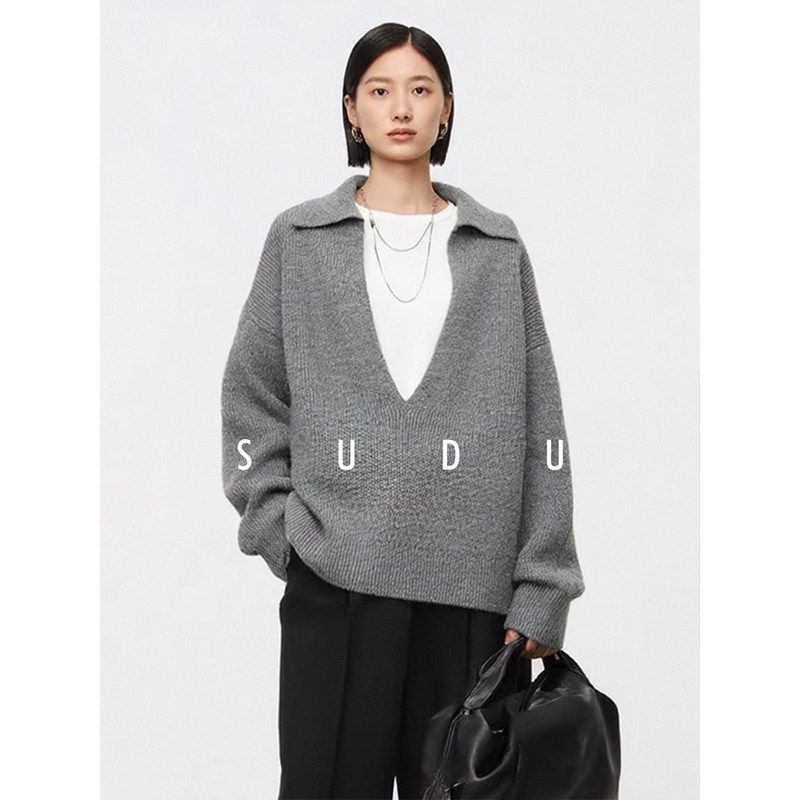 SUDU素都2026春秋坑条羊毛大V领廓形针织衫女大码宽松慵懒风毛衣,女装/女士精品,毛针织衫,淘宝优惠券,粉丝福利购,淘宝优惠卷