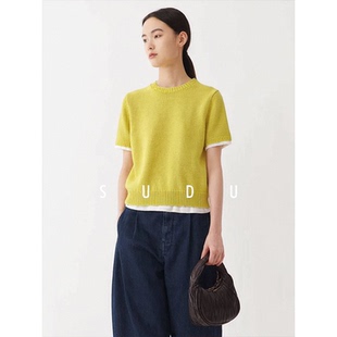 SUDU素都2026春夏新款圆领撞色假两件短袖针织T恤女通勤百搭上衣