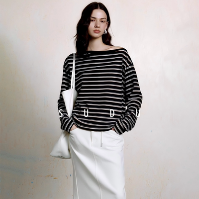 素都露肩条纹长袖t恤女宽松上衣