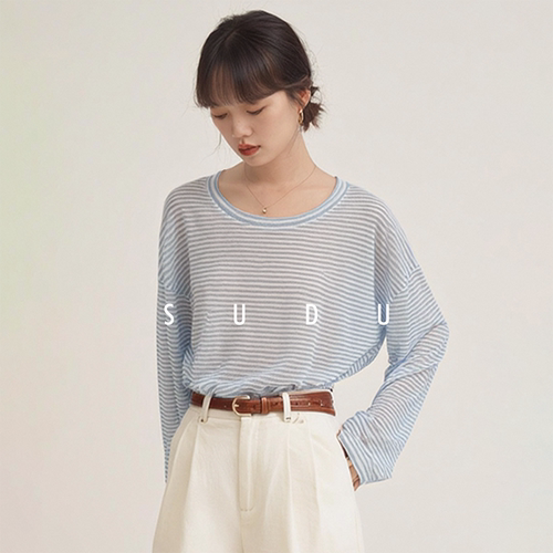 素都条纹长袖t恤冰丝防晒罩衫女