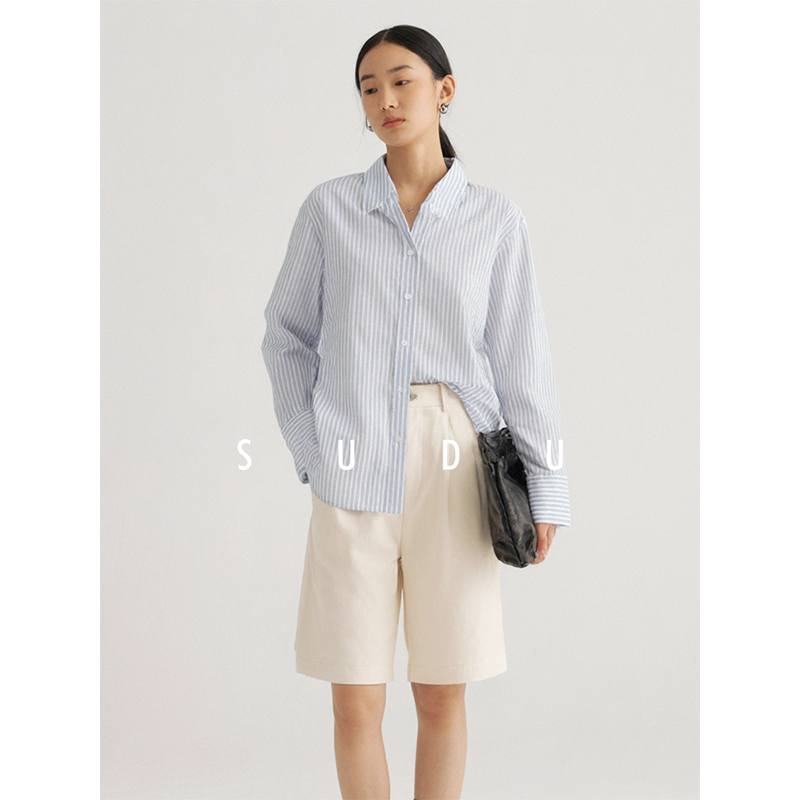 SUDU素都2026春季新款法式蓝白竖条纹长袖衬衫女通勤宽松复古衬衣,女装/女士精品,衬衫,淘宝优惠券,粉丝福利购,淘宝优惠卷