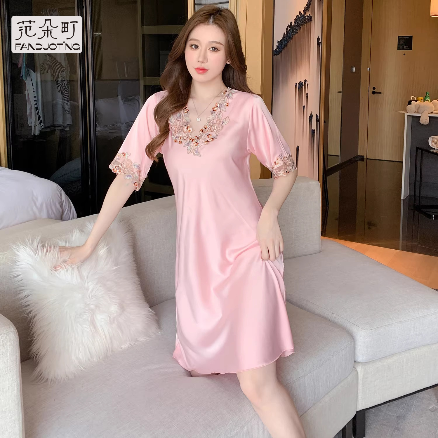 范朵町冰丝睡衣女大码2026夏季新款性感丝绸薄款短袖睡裙家居服