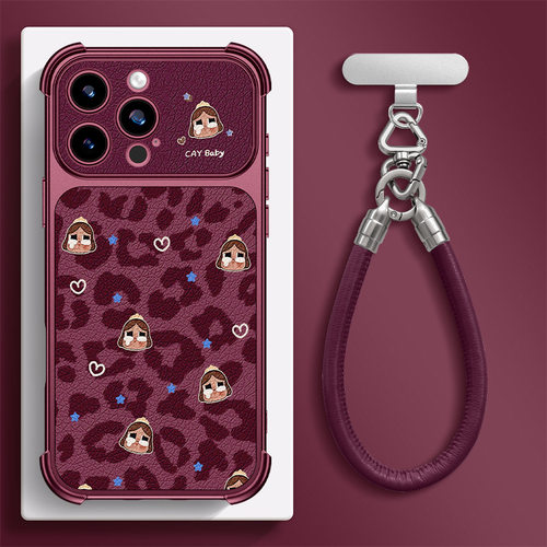 豹纹哭娃挂绳适用苹果18pm手机壳iphone17卡通15新女款16樱桃红14