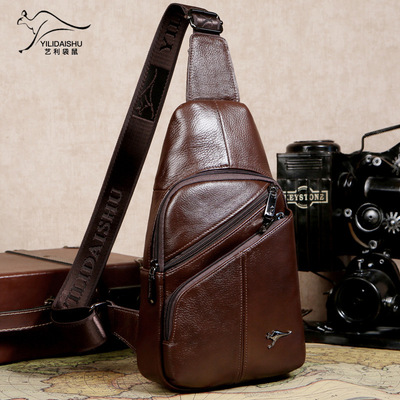 艺利袋鼠真皮男士胸包头层牛皮斜挎包时尚休闲单肩小背包源头厂家