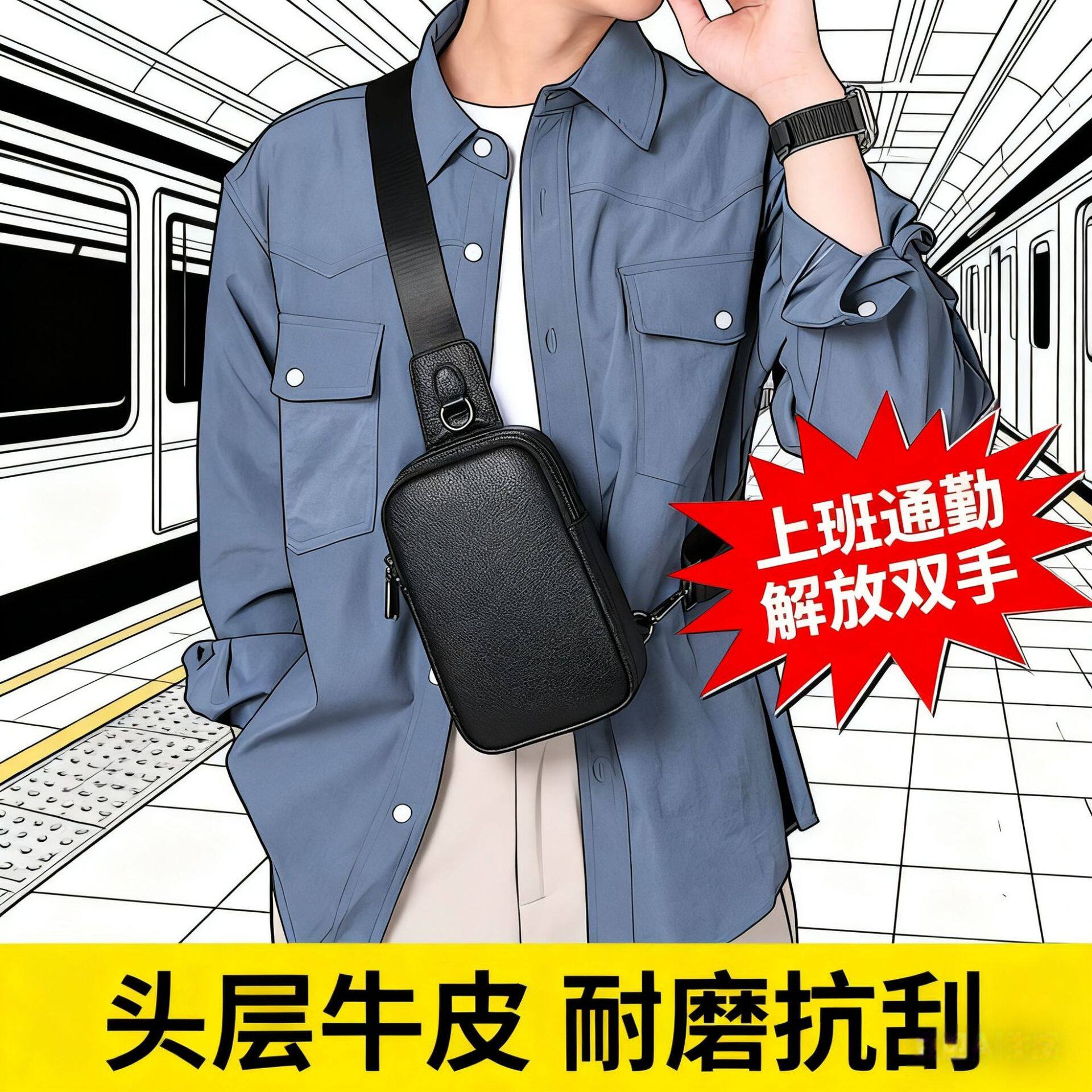 仅亏一天新款 男士斜挎包大容量高级感休闲多功能手机包真皮男包