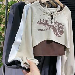 美式复古短版卫衣女早秋季vintage高级感宽松长袖上衣吊带两件套