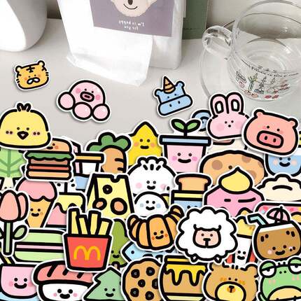 100张卡通可爱手绘动物小贴纸笔记本电脑手机壳水杯封口贴画防水