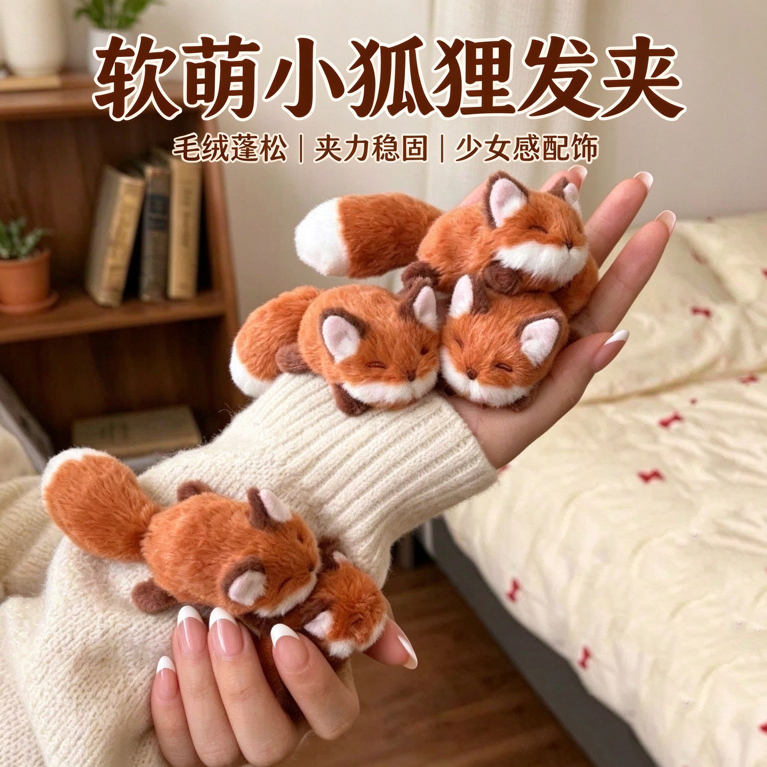 可爱卡通毛绒小狐狸发夹边夹侧边独特漂亮2026新款前额刘海夹头饰