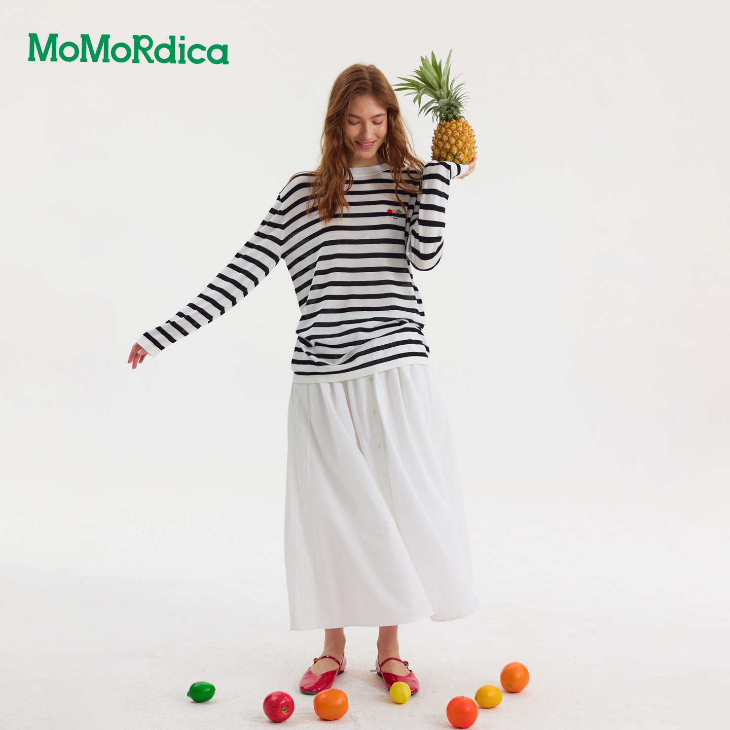 Momordica 秋季新款休闲宽松撞色刺绣条纹长袖T恤/白色苎麻长半裙
