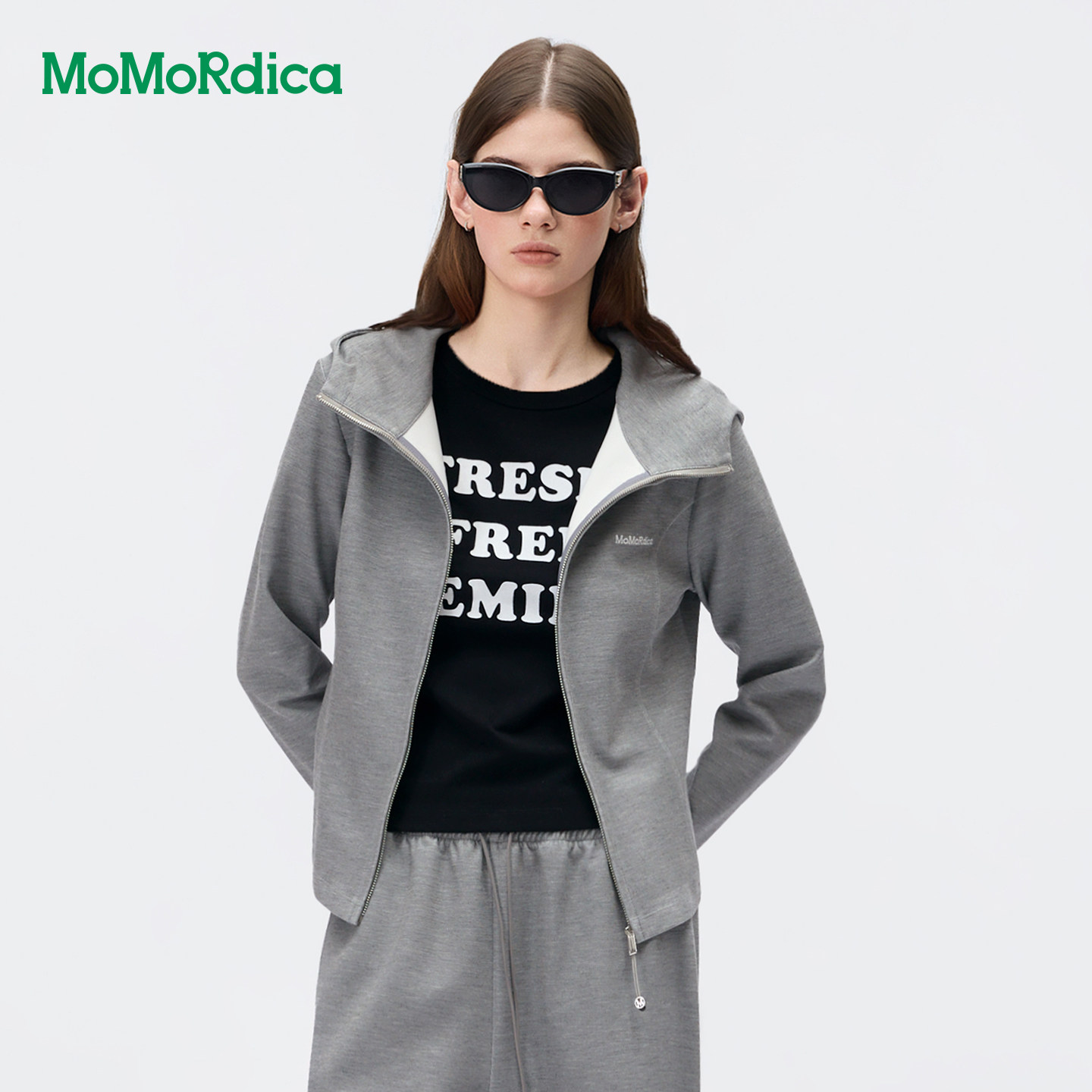 Momordica时尚休闲运动风修身连帽卫衣外套长袖拉链开衫女装上衣
