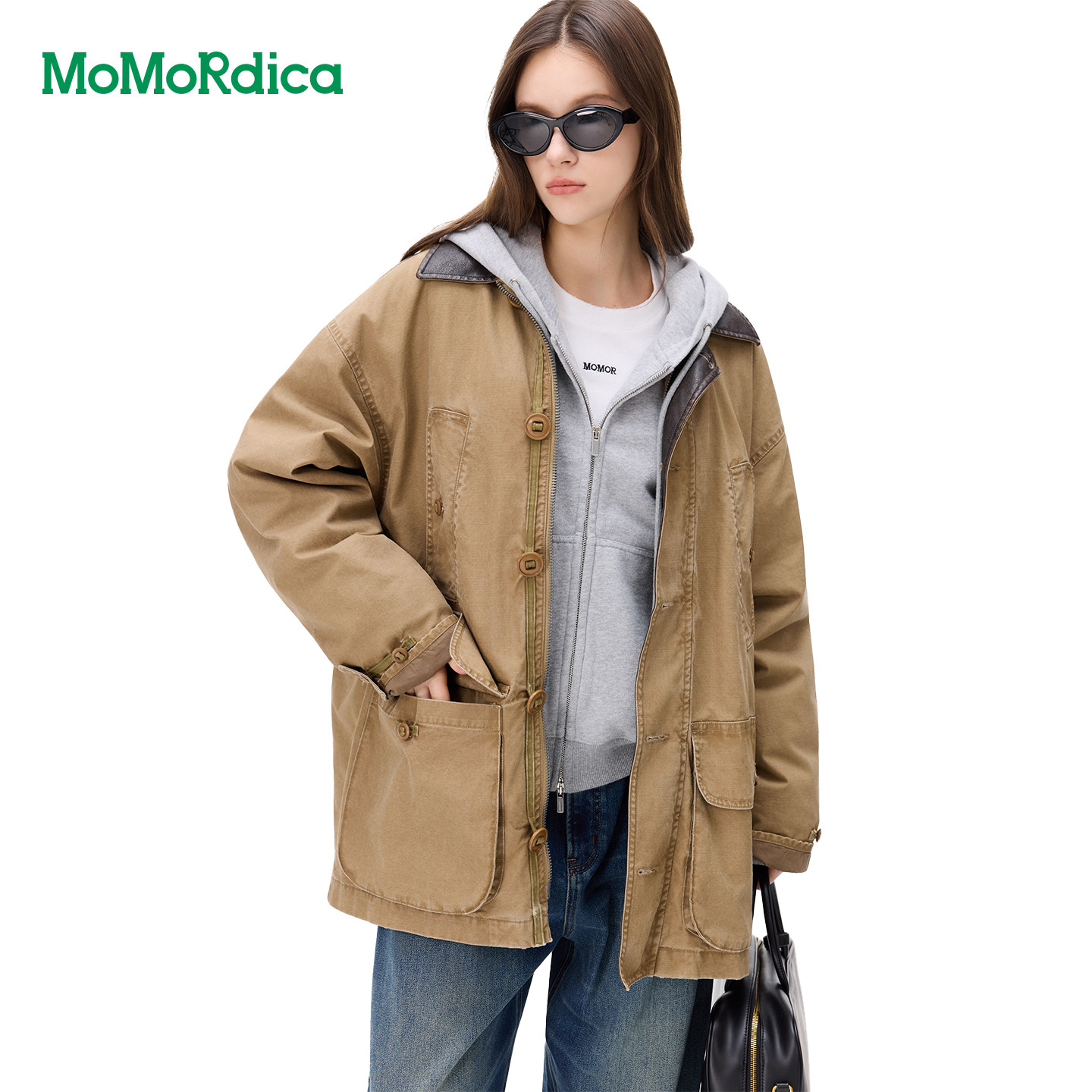 Momordica新款复古皮革拼接翻领宽松工装夹克/男女同款美式夹克