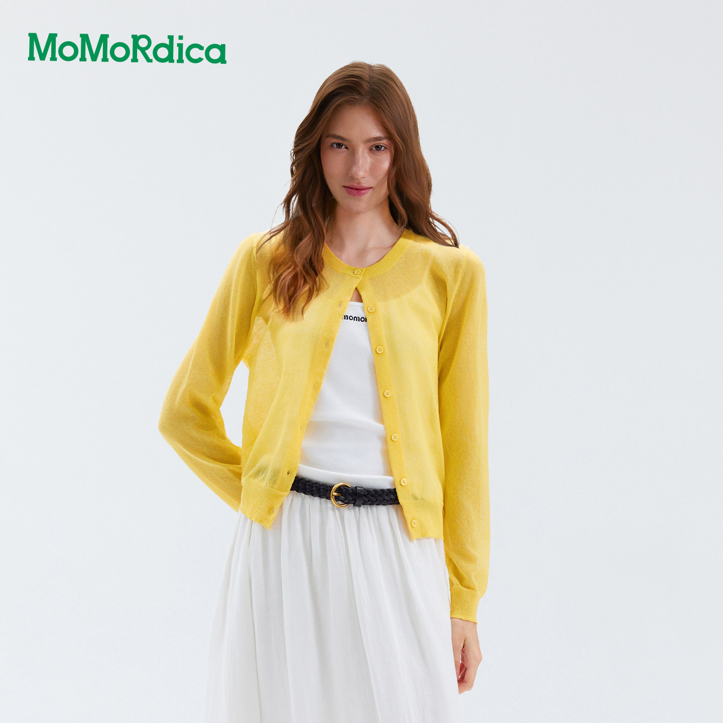 Momordica 轻薄针织开衫女26夏季新款外搭圆领短款正肩长袖上衣女