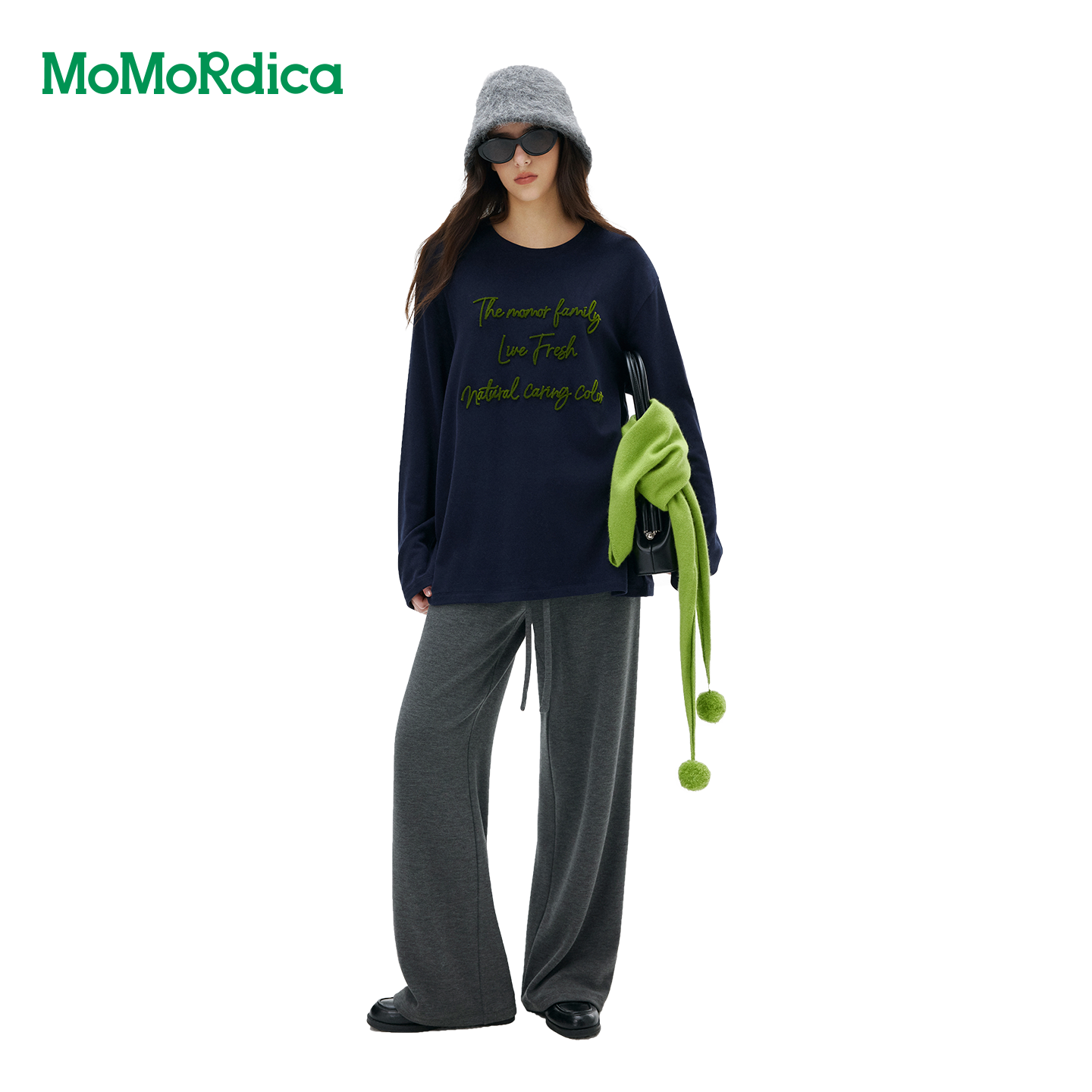 Momordica上衣撞色字母刺绣宽松oversize长袖T恤/绵羊毛时尚围巾