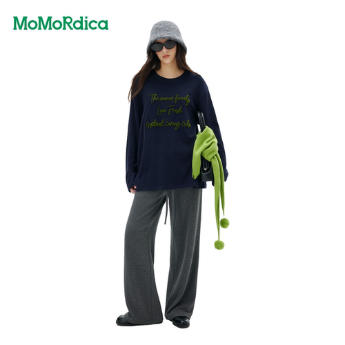 Momordica上衣撞色字母刺绣宽松oversize长袖T恤/绵羊毛时尚围巾