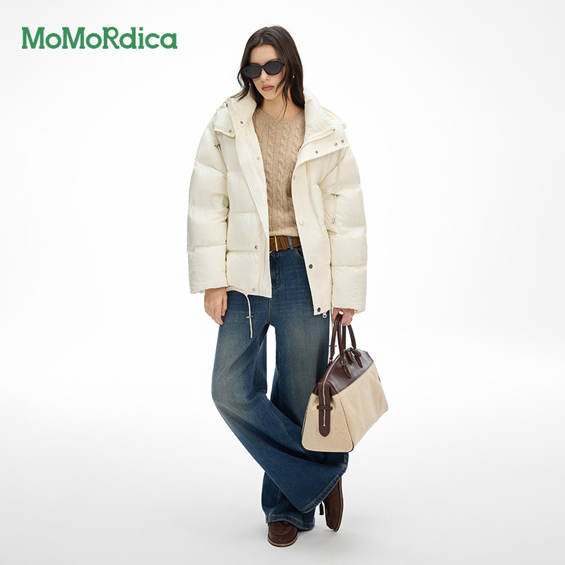 Momordica新款2025冬款连帽双拉链立领羽绒服加厚休闲宽松中长款